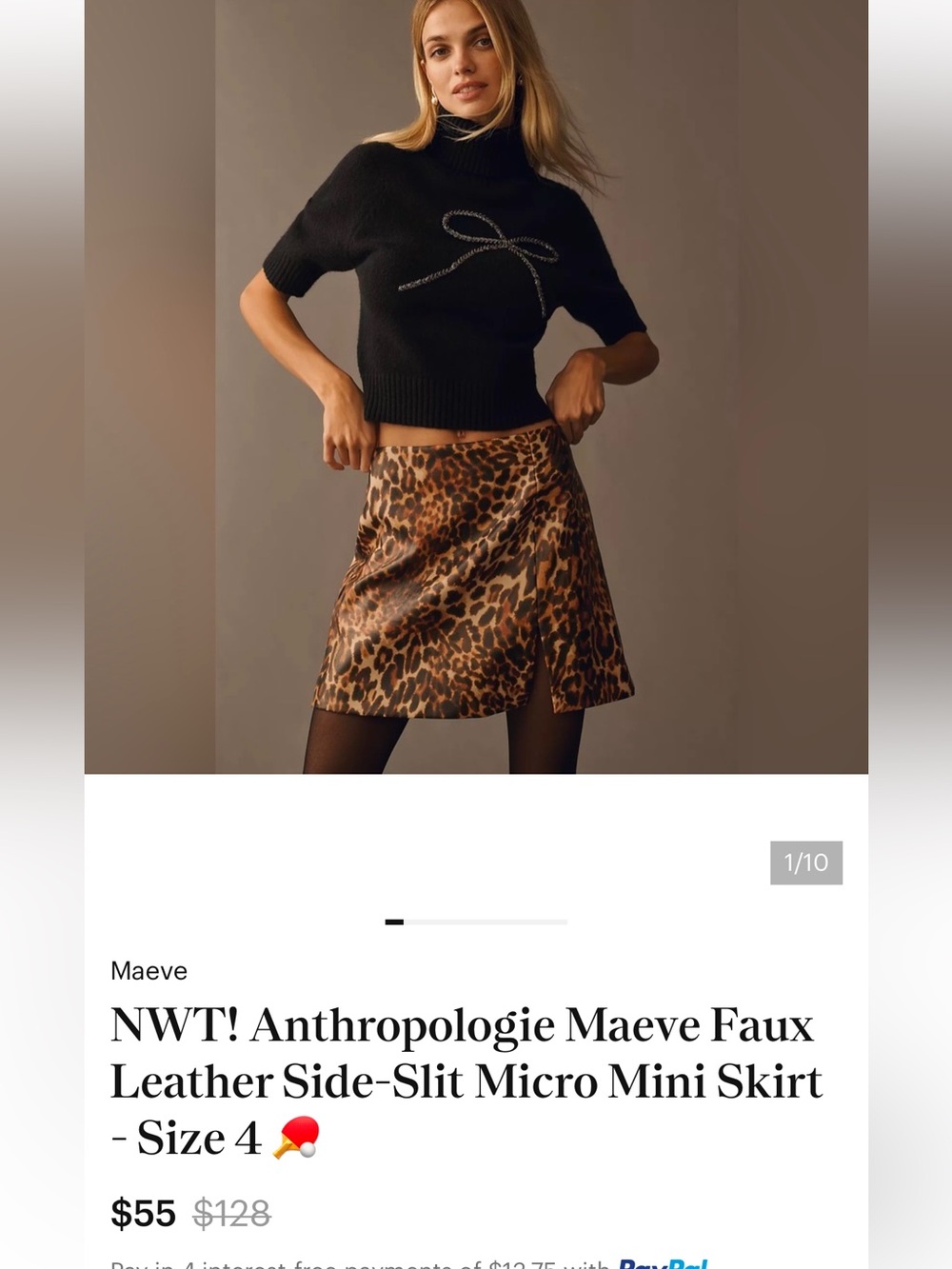 NWT!Anthropologie Maeve Leopard  Faux Leather Side-Slit Micro Mini Skirt